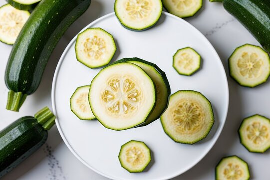 Macro Closeup of Zucchini Slices Displayed on White Platform for Stunning Visual Appeal