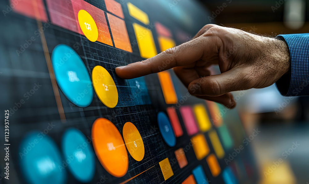 Poster a hand interacts with a colorful data visualization display.