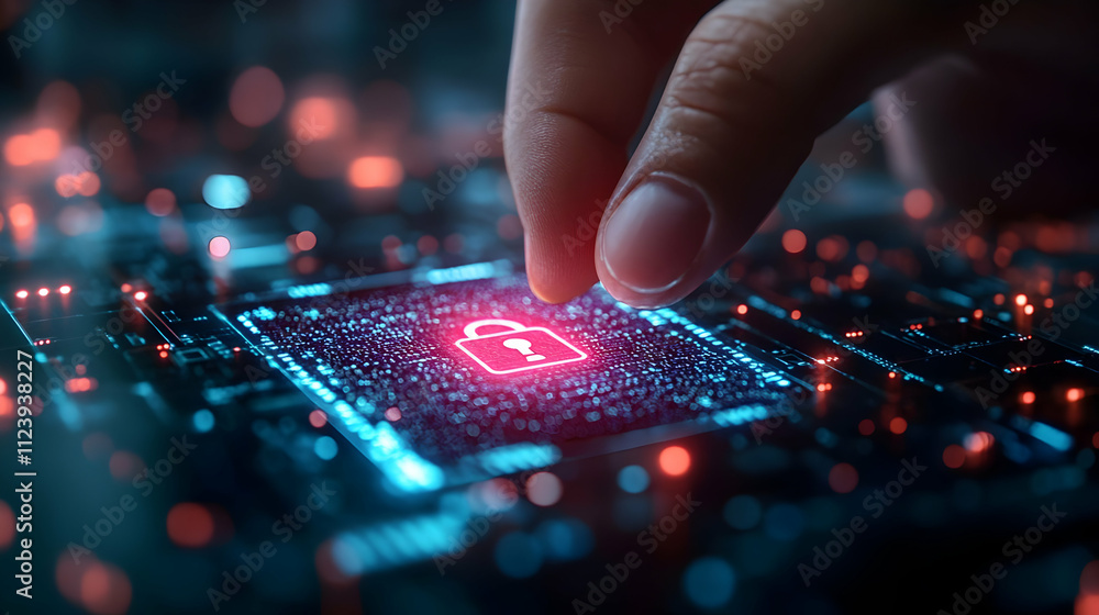 Poster a hand interacts with a digital lock symbol on a circuit board, symbolizing cybersecurity.