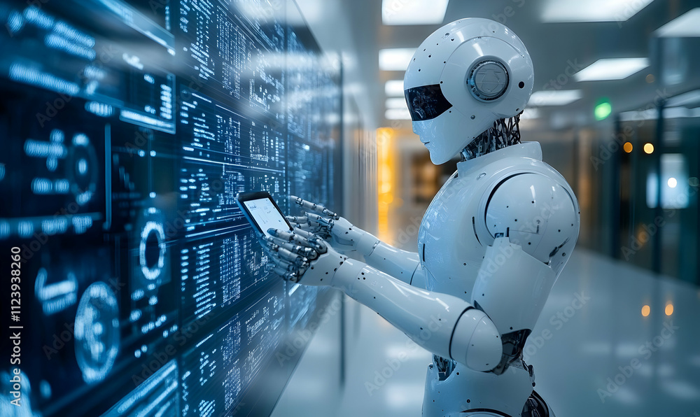 Poster a humanoid robot interacting with a digital interface in a modern environment.