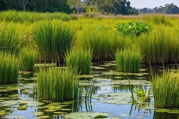 Obraz premium Vibrant Aquatic Landscape Featuring Lush Wetlands Reeds and Water Lilies