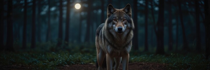Fototapeta premium Majestic Wolf Stands Tall in Moonlit Forest