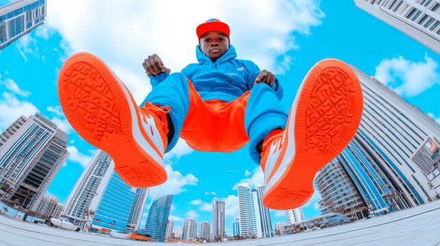 Urban Leap of Faith: A vibrant, dynamic young man in bold orange and blue streetwear takes a leap, captured from a low-angle fisheye perspective against a backdrop of towering skyscrapers. - Powered by Adobe