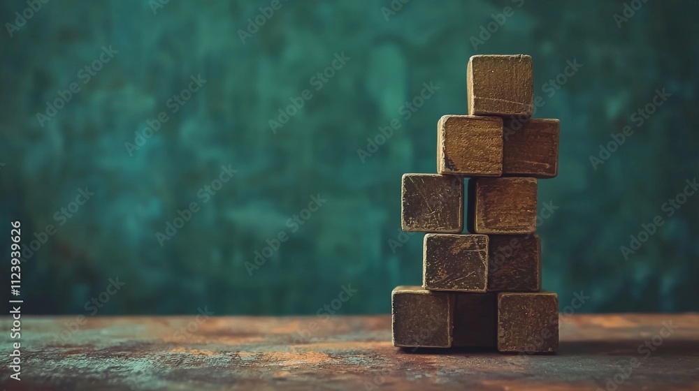 Poster rustic stack of wooden blocks on textured background