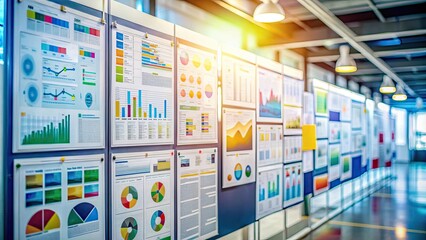 Distant blur of colorful posters and diagrams highlighting scientific concepts , education, research