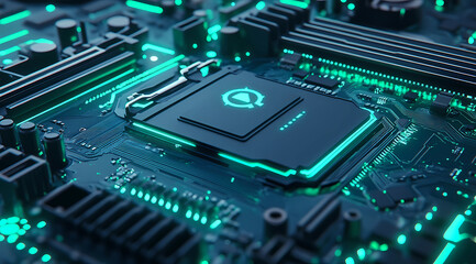 Fototapeta premium Close-up of a Glowing Blue Motherboard Highlighting Digital Circuits: High-tech and digital art focusing on innovative technology.