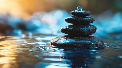 Obraz premium Zen stones in water with a golden sunset reflection