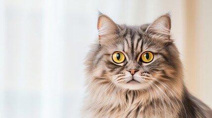 Close-up of a fluffy cat with striking yellow eyes against a soft background.