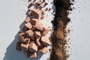Fototapeta premium Aerial Perspective of Cascading Clay Fragments and Soil Pile on Bright White Surface