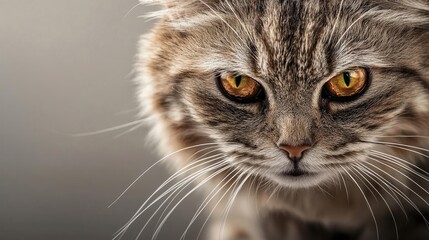 Fototapeta premium Close-up of a fierce looking cat with striking eyes and a detailed fur pattern.