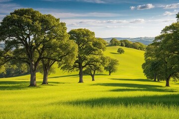 Naklejka premium Lush Summer Landscape of Majestic Hillside with Oak Trees and Vibrant Green Grass