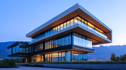 Fototapeta premium Luxurious Multi-Story Building with Panoramic Glass Windows Offering Stunning City Views