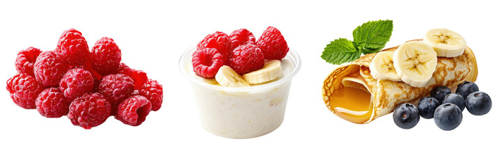 Fresh raspberries, yogurt with bananas, and crepe with blueberries create delightful and healthy breakfast spread. Enjoy vibrant colors and flavors!