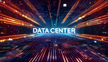 Data Center: High-speed data streams converge at the heart of a futuristic data center, a vibrant spectacle of technological prowess and connectivity.