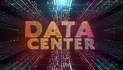Data Center: A vibrant, abstract visualization of a data center, with the words "Data Center" rendered in a bold, multi-colored font, surrounded by a mesmerizing array of glowing lines and dots.