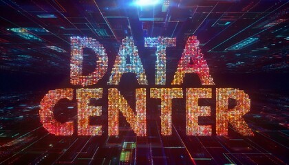 Data Center Innovation: Abstract digital art depicting the words "Data Center" in vibrant, glowing particles, set against a dynamic grid backdrop.
