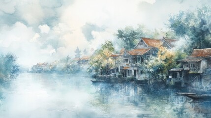 Obraz premium Watercolor painting, misty river, Asian houses, boats.