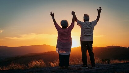 Fototapeta premium Golden Sunset Retirement: A heartwarming silhouette of a senior couple, hand-in-hand, silhouetted against a vibrant sunset, symbolizing their shared journey and peaceful retirement.