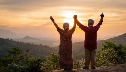 Golden Sunset Embrace: Senior couple joyfully embraces the breathtaking sunset view from a mountaintop, symbolizing a life well-lived and shared. 