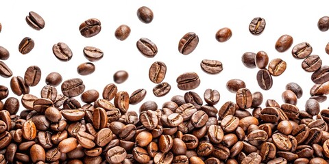 Obraz premium Falling coffee beans isolated on white background, coffee, beans, falling, isolated, white, background, energy, aroma, morning