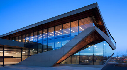 Fototapeta premium Cutting-Edge Office Complex with Expansive Glass Windows and Modern Architectural Design