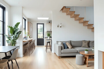 Fototapeta premium Contemporary home with minimal furnishings and decor light wood floor stairs white walls large windows with black frames.
