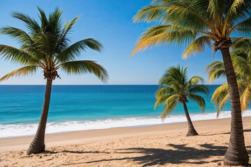 Obraz premium Colorful Seaside Horizon with Lush Palm Trees and Sandy Beach
