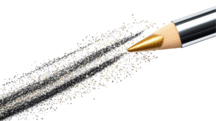 Golden pencil creates artistic black dust trail. transparent background