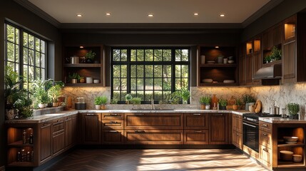 Modern kitchen with wooden cabinets and abundant natural light.