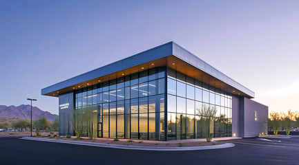 Fototapeta premium Urban Commercial Building Featuring Expansive Glass Windows and Contemporary Design