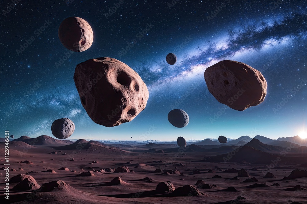 Poster floating asteroids in an otherworldly celestial landscape