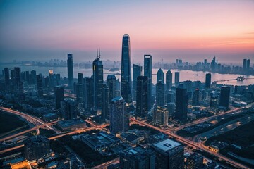 Fototapeta premium Aerial View of Urban Skyline at Dusk Exploring City Connectivity and Data Exchange