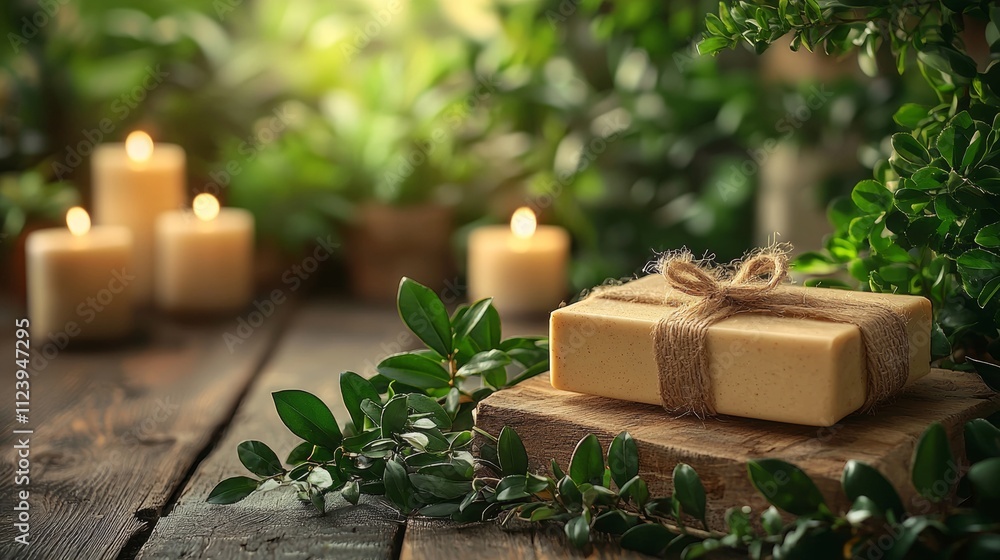 Poster handmade soap bar with greenery and candles on rustic table