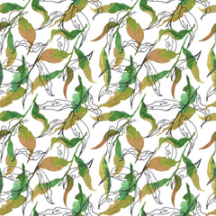 Seamless pattern with stylized leaves. Floral endless pattern filled with green leaves. Fresh greenery background, wallpaper, textile print.Watercolor hand drawn illustration on a white background.