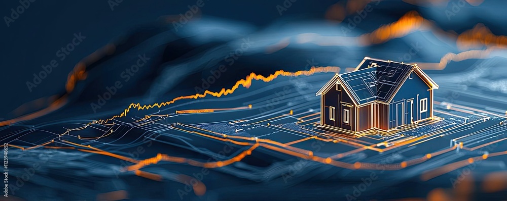 Poster a 3d model of a house on a digital landscape with vibrant graphs and trends.