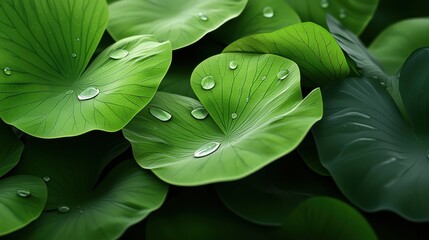 Obraz premium Moisture Healing Curious concept. Lush green leaves with water droplets creating a fresh, natural ambiance.