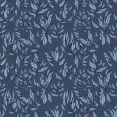 Blue floral watercolor seamless pattern for printing. Intertwining leaves and branches hand drawn. Nature botanical background design for fabric, textile, print, cover, banner and invitation.