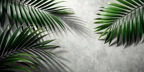 Obraz premium Serene tropical palm fronds arranged on a gray textured surface with natural light casting shadows