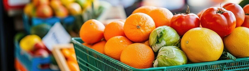 Vibrant fruits including oranges, lemons, and tomatoes are displayed in baskets at a market, highlighting freshness and variety.
