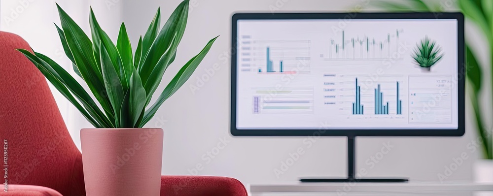 Poster A stylish workspace featuring a plant and a modern monitor displaying data.