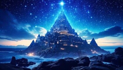 星空と海に囲まれた城、幻想的な夜の建物、輝く星の下の要塞、神秘的な海上の城、ファンタジーの壮大な建物、青い夜空と輝く城、物語の中の城、ロマンチックな風景、海岸に佇む神秘的な建築物、夢のような夜景