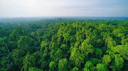 Aerial view of a dense and vibrant green tropical rainforest landscape.