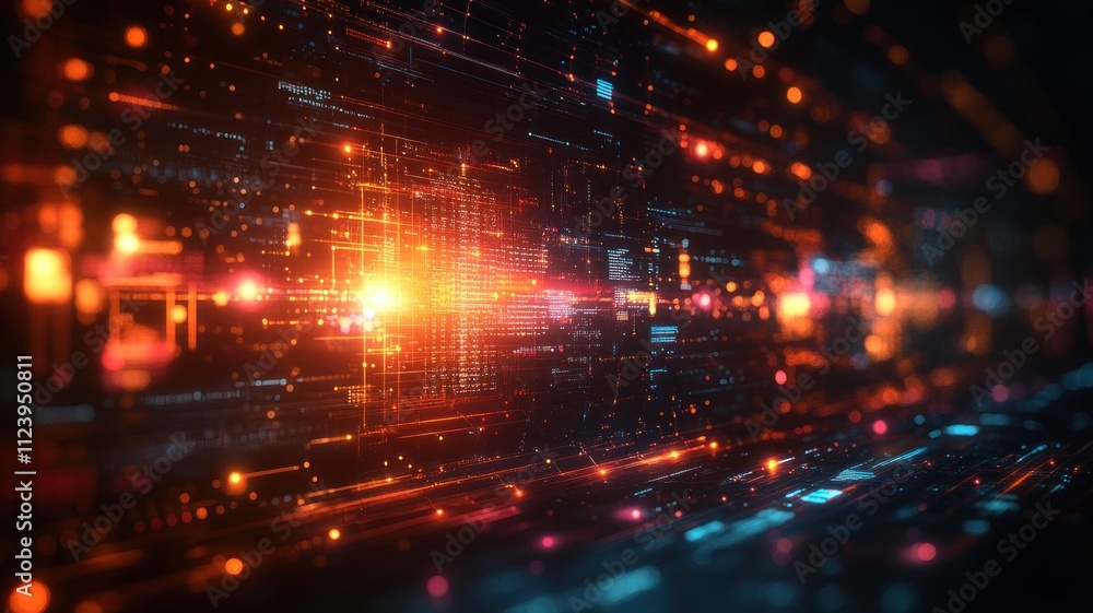 Poster abstract digital landscape with vibrant lights and data streams.