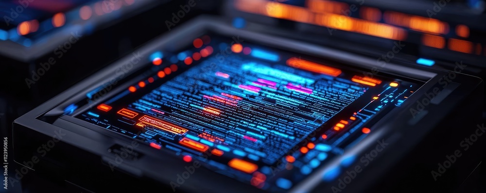 Poster Futuristic interface display with vibrant colors showcasing digital code and data.