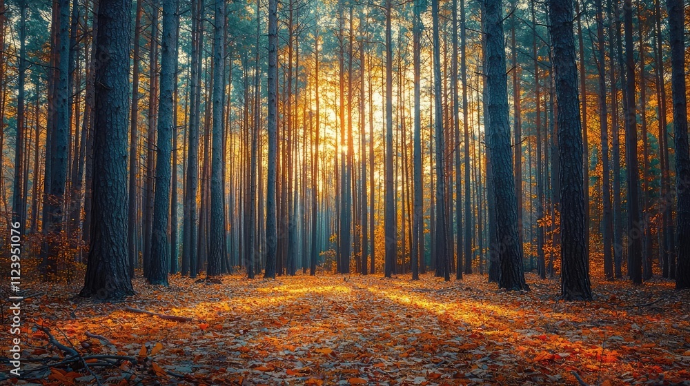 Poster serene forest with tall trees and warm sunlight filtering through foliage.