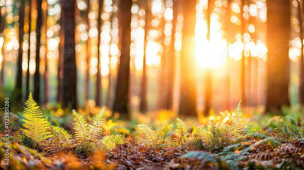 Poster sunlight filters through trees, illuminating lush ferns in a tranquil forest setting.