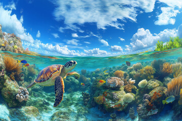 Obraz premium stuninng panoramic view of an underwater scene with colorful coral reefs and a sea turtle swimming with small fishes
