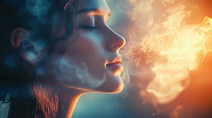 Woman exhaling smoke illuminated by warm and cool lights
