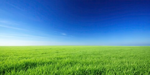 Obraz premium Green grass field background with a clear blue sky , lush, vibrant, outdoors, nature, landscape, environment, countryside, meadow
