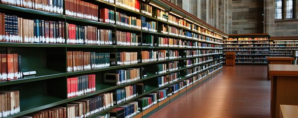 Obraz premium A spacious library filled with neatly arranged books on shelves, inviting readers to explore a world of knowledge and literature.